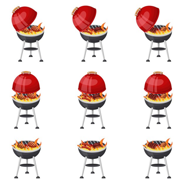 Vector a barbecue grill set a redhot grill with cooking meat vector illustration on a white background