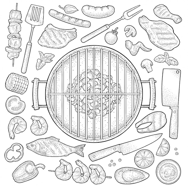 Vector barbecue grill top view charcoal, kebab, mushroom, tomato, pepper, steak