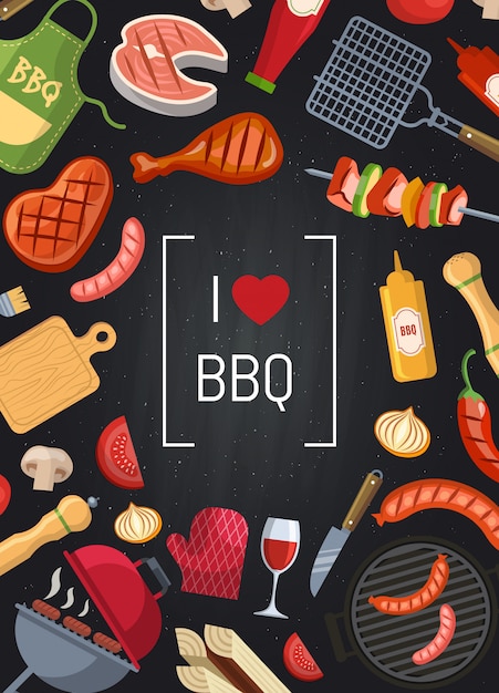 Vector barbecue or grill with coking elements on chalkboard