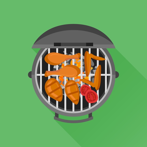 Barbecue and grilled chicken in  flat style. top view.