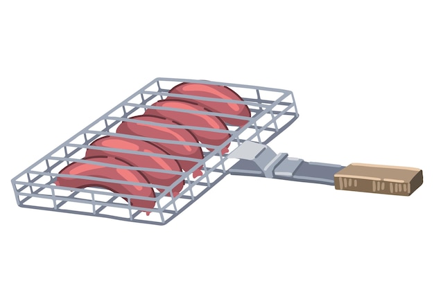 Barbecue grillrooster met worstjes doodle geïsoleerd op wit Gekleurde vector illustratie in cartoon stijl