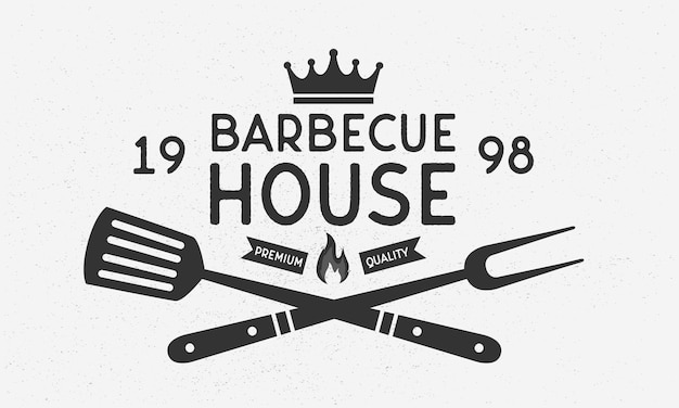 Логотип Barbecue House Вилка для гриля и эмблема Spatula Vintage BBQ