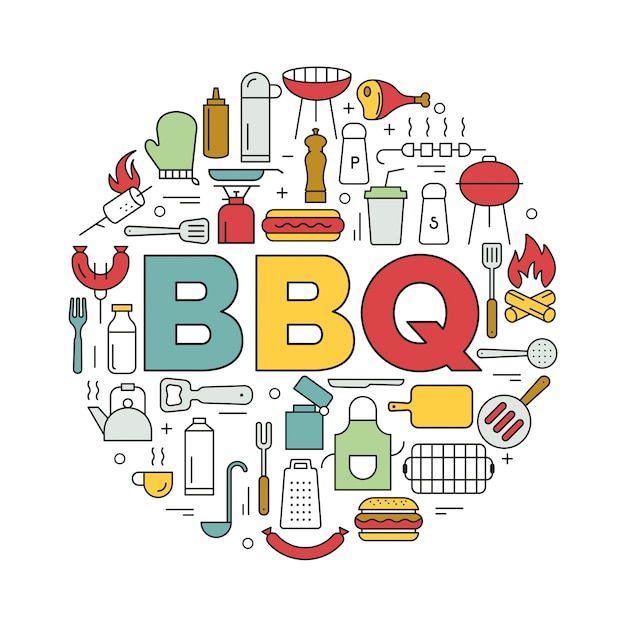 Barbecue icons in circle. Icon line style