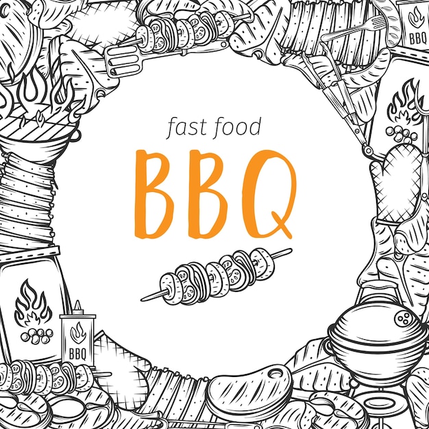 Barbecue-indeling bbq-feest met overzicht vlees, kip, vis, worst en gereedschap. vuur eten
