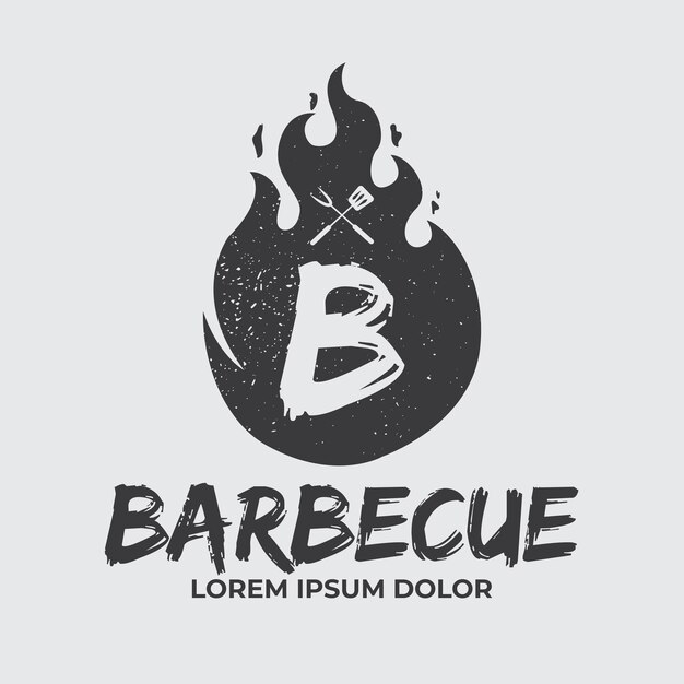 Vector barbecue logo illustration bbq logotype and fire concept in combination with spatula vintage style