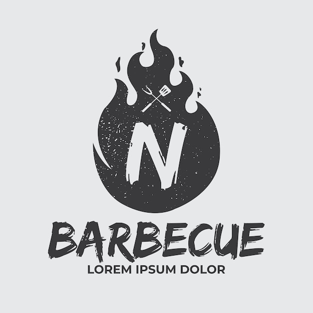 주걱 빈티지 스타일과 함께 바베큐 로고 그림 BBQ 로고 및 화재 개념