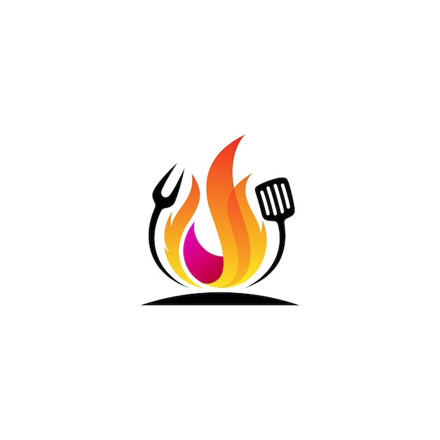 Vettore campione del logo del barbecue combinazione del logo delle posate e del design del fuoco