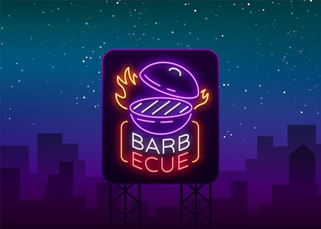 Barbecue logo vector neon teken symbool helder reclame nacht barbecue grill gebraden vlees grill bar r