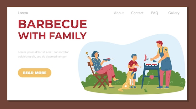 Barbecue met familie in zomer bestemmingspagina sjabloon platte vectorillustratie