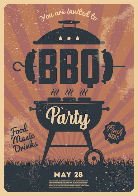 Vector barbecue partij flyer of poster ontwerpsjabloon. vintage retro stijl. uitnodigingskaart voor een barbecue.