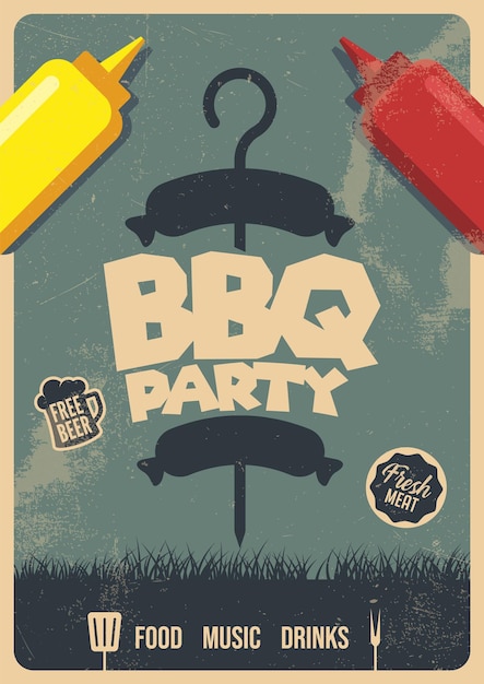 Barbecue party flyer or poster design template. bbq event, retro typography.