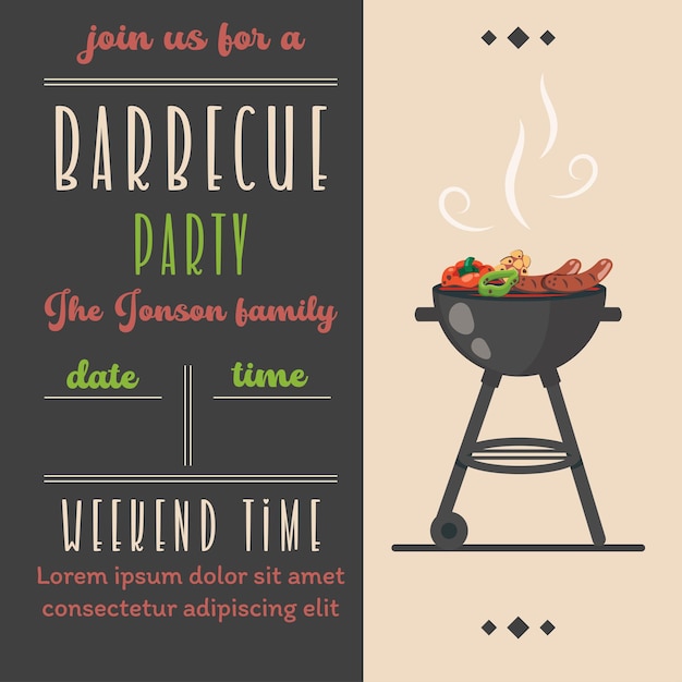Barbecue party invitation BBQ invite template in retro style Summer barbecue picnic Vintage bbq background with grill steaks meat food vegetables cutlery text Vector cartoon illustrationx9