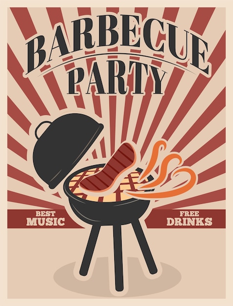 Плакат для вечеринки с барбекю Сочный стейк на гриле Барбекю Винтажный стиль Флаер для вечеринки