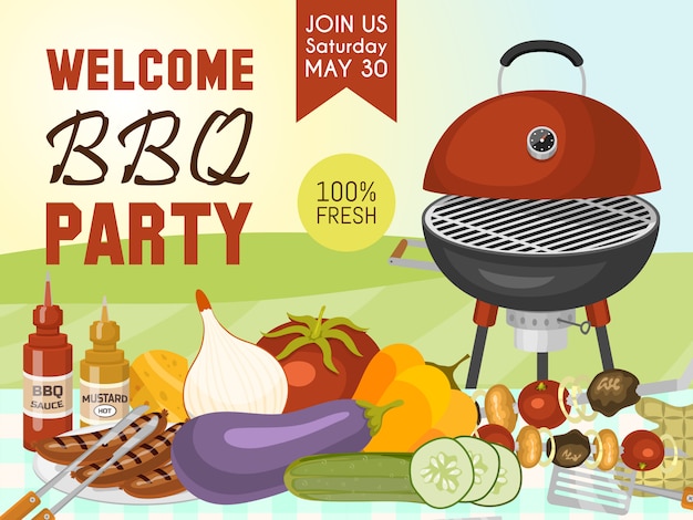 Vector barbecue picnic party poster meat steak roasted on round hot barbecue grill.