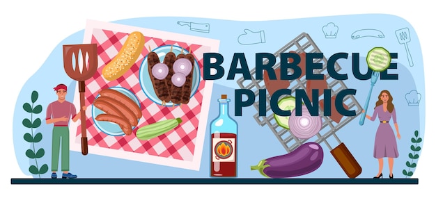 Barbecue picnic typographic header grilled meat with vegetables