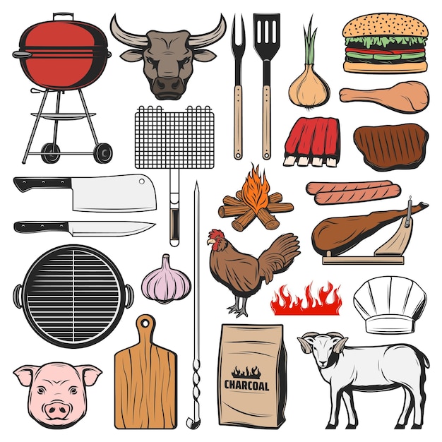 Vector barbecue pictogrammen grill vlees eten picknick hamburgers