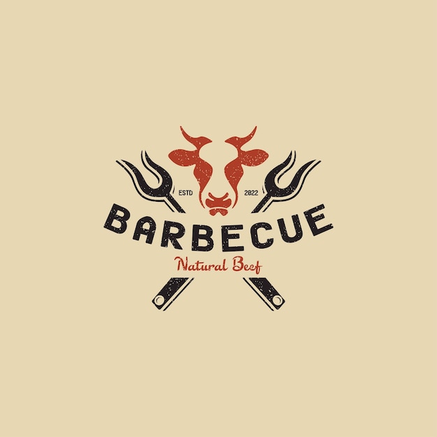 For barbecue restaurant logo design with grill fork and head cow vector icon illustration