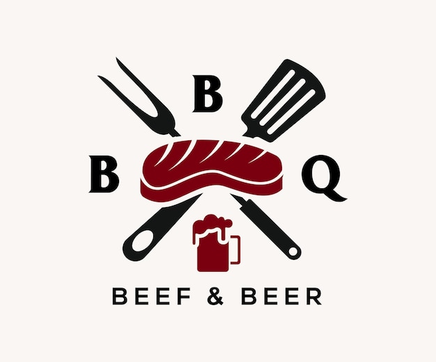 Vector barbecue restaurant logo sjabloon gecombineerd met steak beef spatel en bier