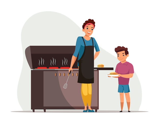 Barbecue scène. Moeder frituurt vlees, hamburgers op straatgrill voor zoon. Vrouw koken in brand. Jongen houdt bord met hamburger vast. Familieweekend tijdverdrijf. Thuisfeest of picknick. Vector karakter illustratie