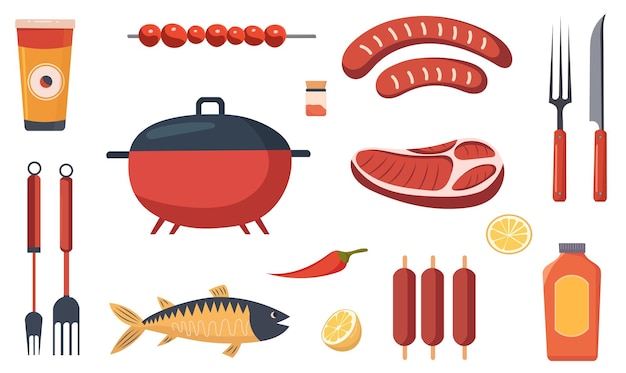 barbecue set steak fish in flat style vector