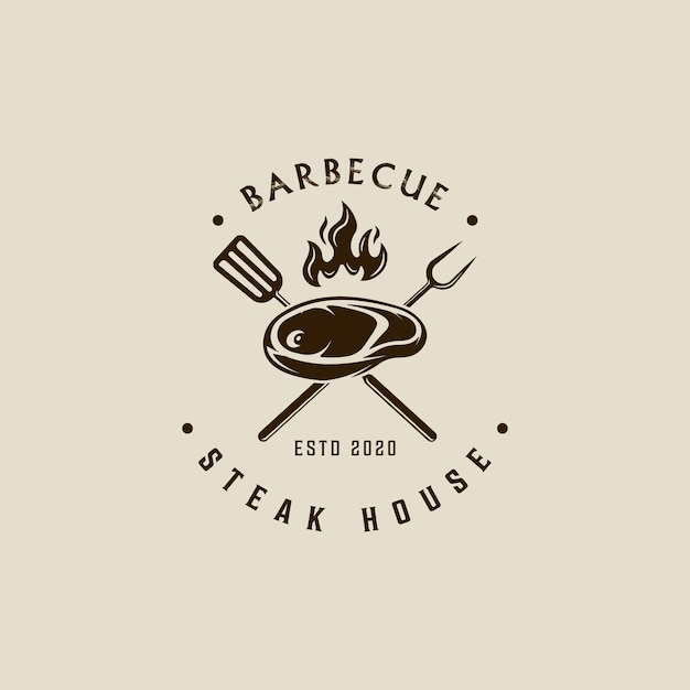 Vector barbecue steak logo vintage vector illustratie sjabloon icoon grafisch ontwerp barbecue grill met vlam