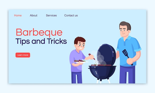 Barbecue tips en trucs bestemmingspagina vector sjabloon. Uitje website-interface idee met platte illustraties. Koken outdoor homepage lay-out. Zomer vrije tijd cartoon webbanner, webpagina