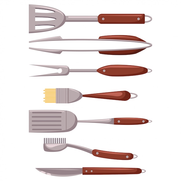 Barbecue tools set. grill utensil  cartoon flat icons isolated on white background.