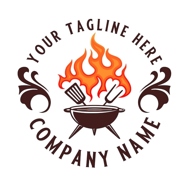 barbecue vector logo design grill with fire burning perfect for restaurant or barbecue