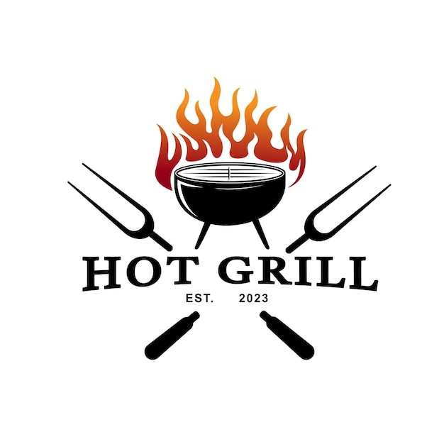 Barbecue vintage logo concept grill tool met vuur vlam stempel sjabloon Vector illustratie