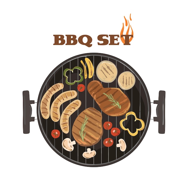 Vector barbecue with grill and food grilled steaks and sausages grilled vegetables barbecue sauce