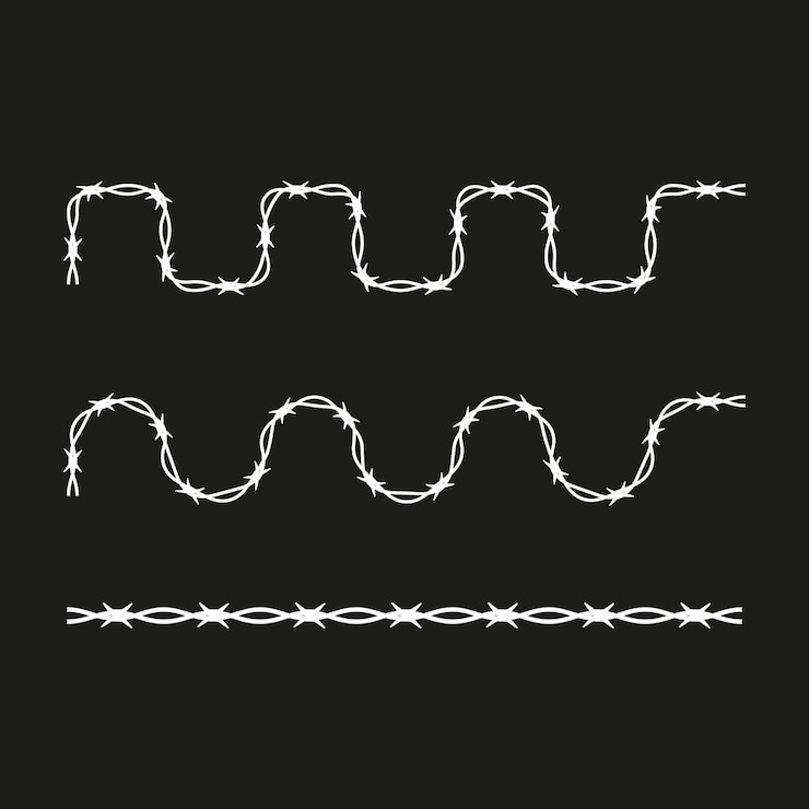 Vector barbed wire pattern wavy white strands dark black background vector border symbol