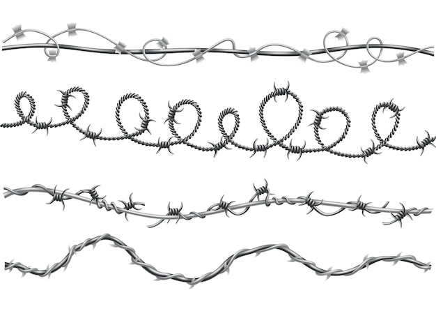 Vettore set di filo spinato scherma forti elementi appuntiti attorcigliati intorno al modello artistico concetto di protezione dei fili spinati industriali elementi taglienti metallici moderni per la protezione dell'area