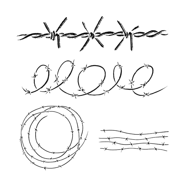 Vettore filo spinato a spirale, tonda, recinzione. dipinto con texture pennello inchiostro nero. stile grunge. vettore