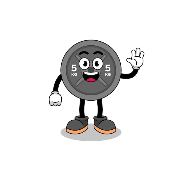 Barbell plate cartoon doing wave hand gesture