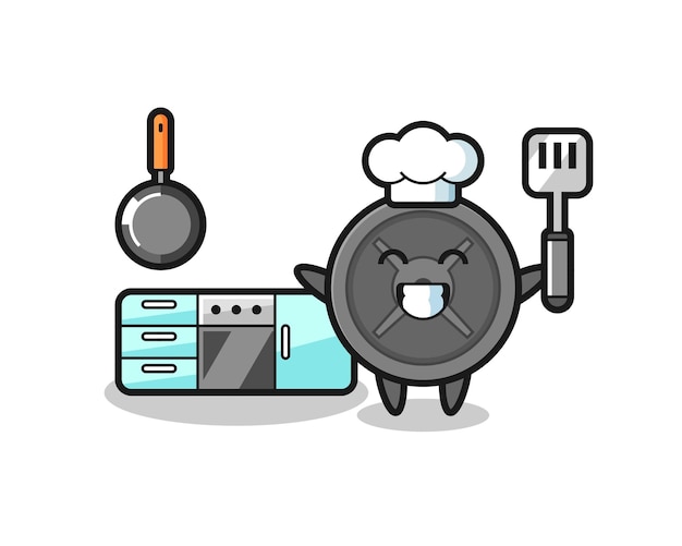 Barbell plate character illustration as a chef is cooking