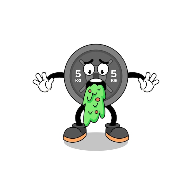 Barbell plate mascot cartoon vomiting