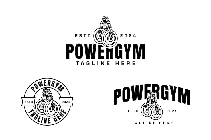 Vector barbell plates hung with chains outline badge logo design for gym fitness sport and competition