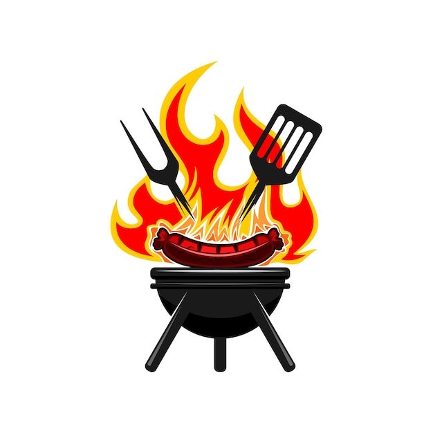 Illustrazione della griglia del barbecue logo della griglia con spatola e forchetta per grill