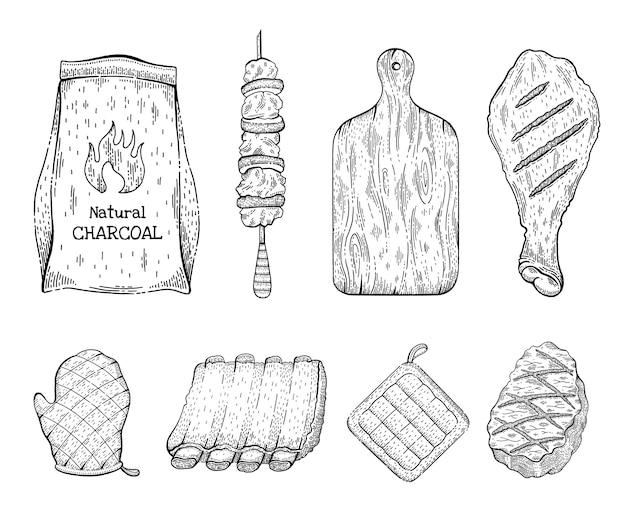 Vector barbeque grill sketch icon set. beef steak kebab chicken leg coal bag cut board glove pork rib panholder.