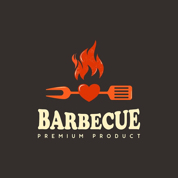 Дизайн логотипа барбекю в винтажном стиле, шпатель и огонь с любовью