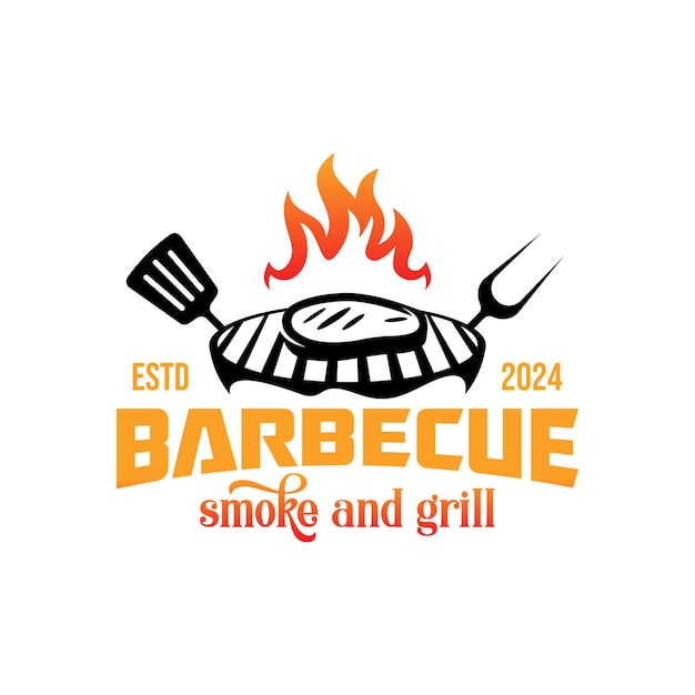 Vector barbeque smokehouse barbecue bar and grill logo design with fork and fire