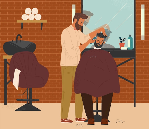 Vector barber cuts hair of client in barbershop vector illustration barber shop interior design with chairs mirrors hairdresser hairstylist cutting hairs doing men hairstyles