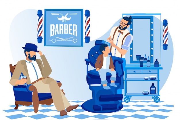 Vector barber making fashioned hairstyle to little boy