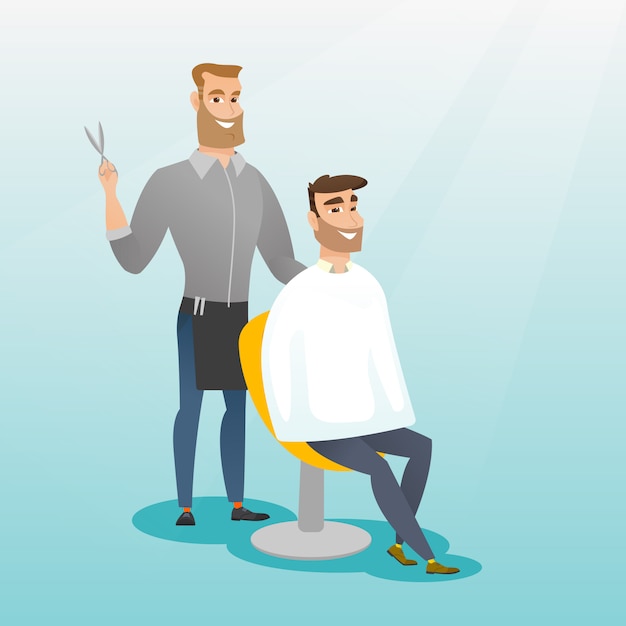 Vector barber making haircut to young man.