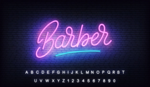 Vector barber neon, glowing lettering sign for barber shop