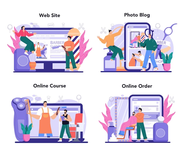 ベクトル 理髪店のオンラインサービスまたはプラットフォームセット。髪とあごひげのケアのアイデア。男性のヘアトリートメントとスタイリング。オンラインコース、注文、写真ブログ、ウェブサイト。ベクトルフラットイラスト