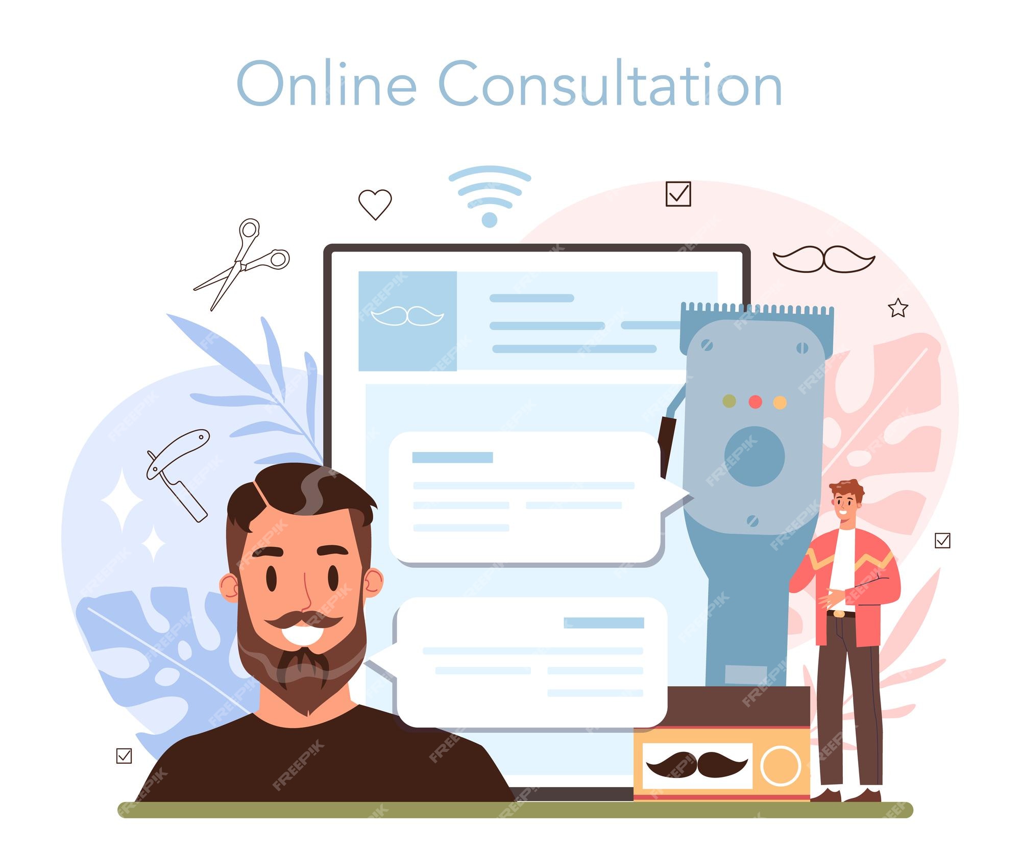 Premium Vector | Barber online service or platform. idea of hair and beard care. men' hair treatment and styling. online consultation. isolated flat illustration Premium Vector | Barber online service or platform. idea of hair and beard care. men' hair treatment and styling. online consultation. isolated flat illustration