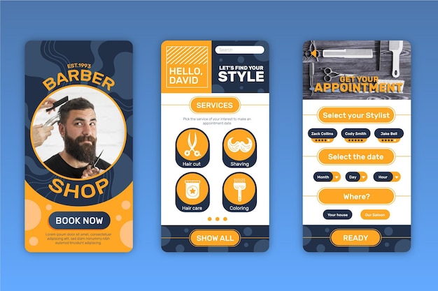 Vector barber shop booking app interface