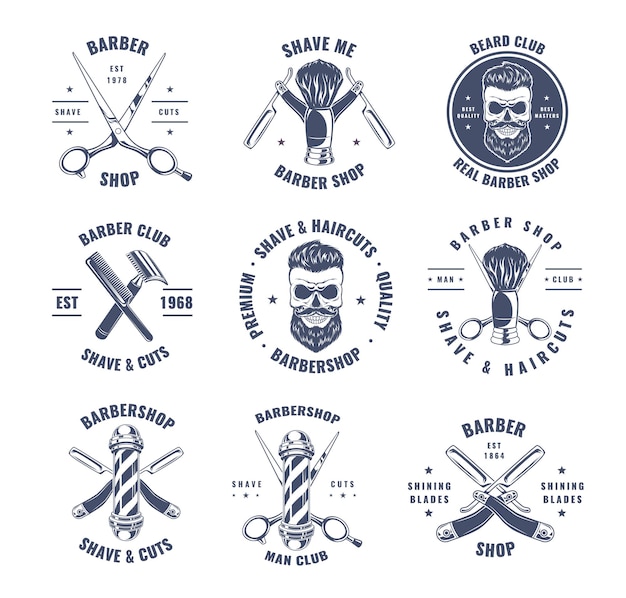 Barber shop labels Gentleman stickers hairdresser blade haircut symbols for barber store exact vector templates with place for text Illustration of hairdresser and barbershop labels