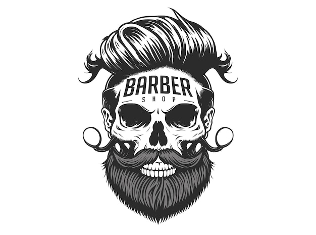 Barber shop logo vintage bearded barber skull with stylish hairstyle vector illustration